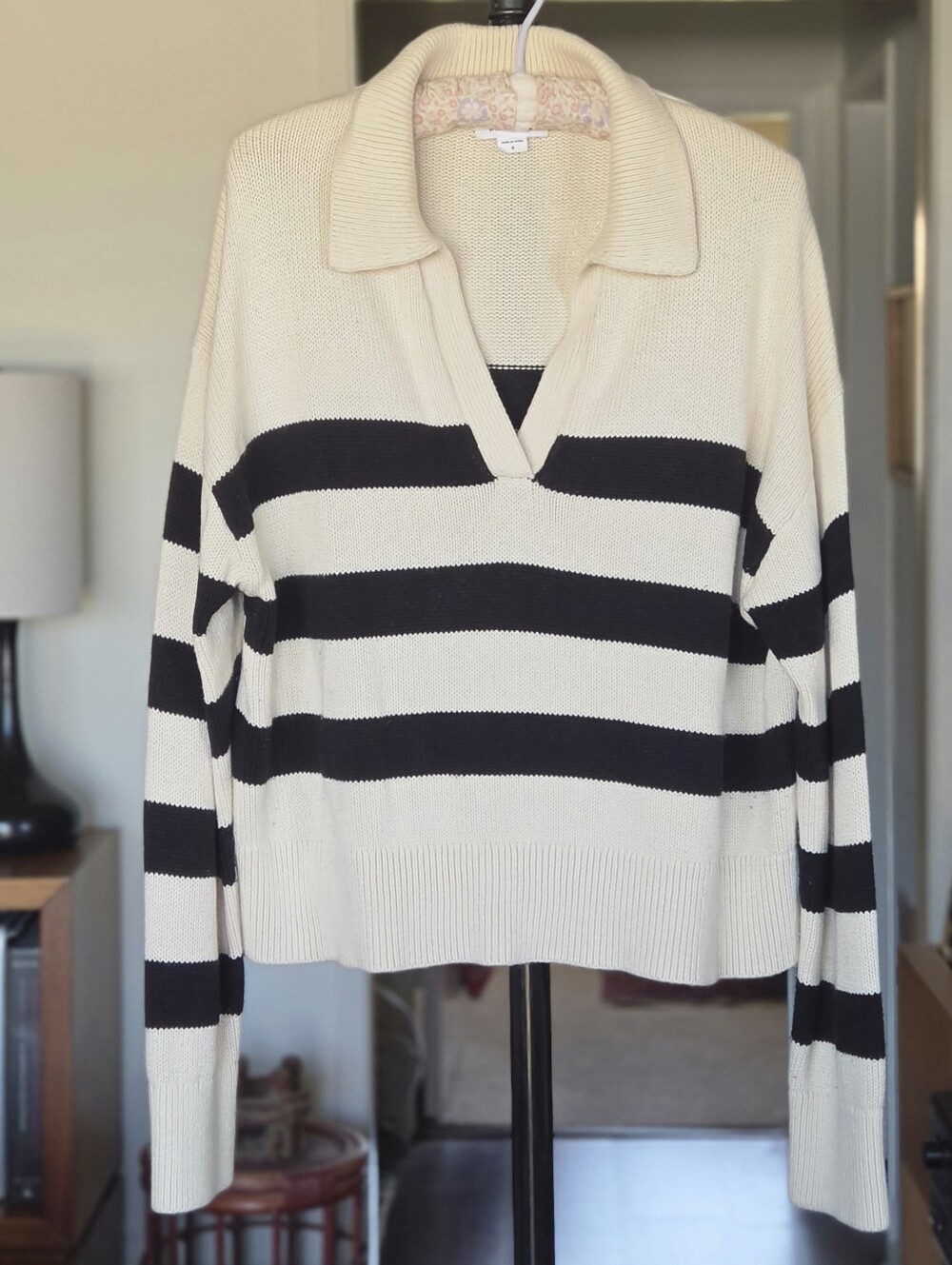 Velvet by Graham & Spencer Cream & Black Striped V-Neck Fisherman Sweater